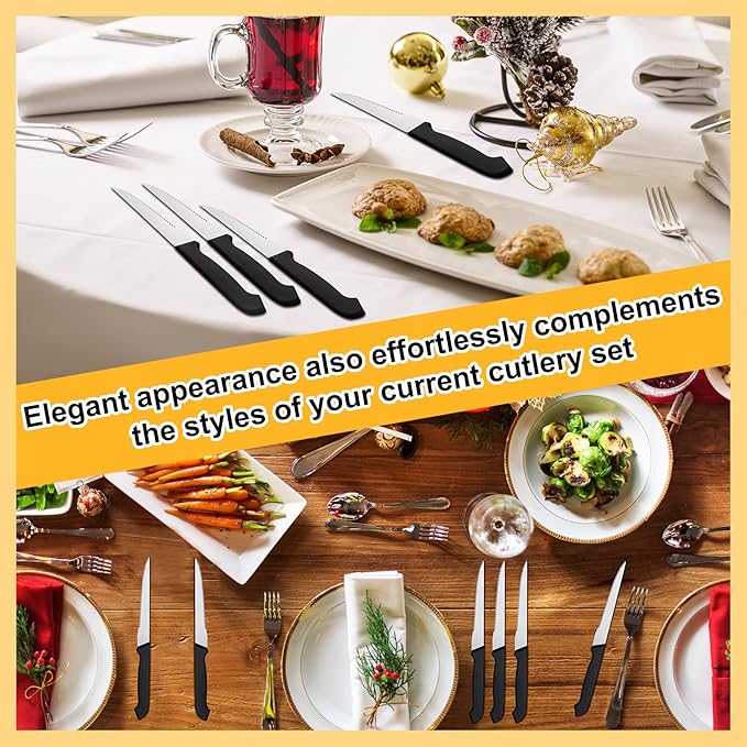 Therwen 50 Pieces 8.8 Inch Serrated Steak Knife Set Pointed Tip Stainless Steel Steak Knife Sharp Blade Flatware for Kitchen Restaurant Camping