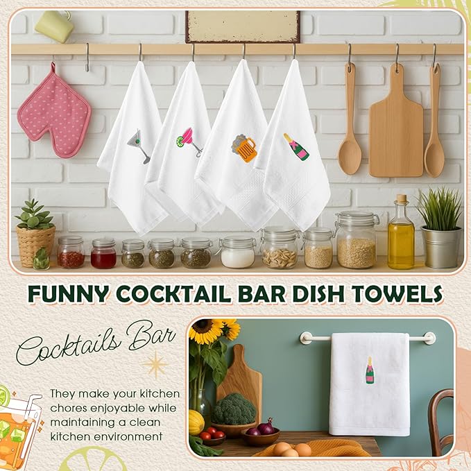 4 Pack Cocktail Drink Themed Towels Cotton Embroidered Hand Towels Gifts 29.5'' x 13.8'' Soft Absorbent Kitchen Bar Dish Cloths Bathroom Decorative Bachelorette Housewarming Party Supplies