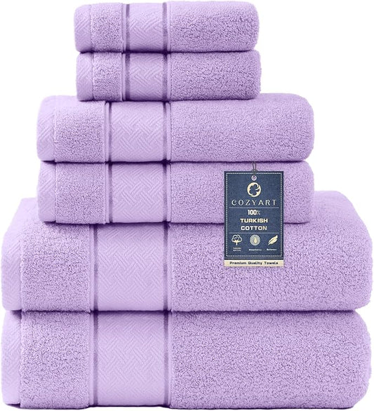COZYART Lavender Bath Towels Set 6 Piece, Luxury 100% Turkish Cotton 650GSM Hotel Quality, Soft, Absorbent,Towel Sets for Bathroom | 2 Bath Towels 2 Hand Towels 2 Washcloths