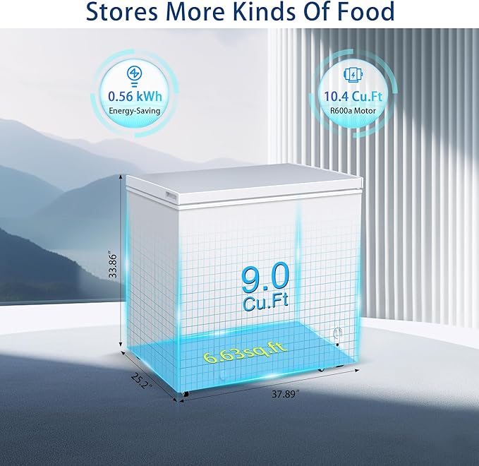 Large Chest Freezer, 9.0 Cu.ft Deep Freezer FreeStanding Top Door Freezer with 8 Adjustable Thermostat (-11.2°F to 10.4°F) and Removable Basket, Universal Wheels, Manual Defrost for Garage, White