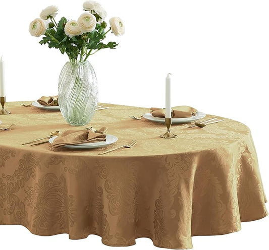 Newbridge Christmas Barcelona Damask Fabric Tablecloth, 60 x 84 Inch Oval, Gold – No Iron, Soil Resistant Table Cover for Dining, Parties and Holidays