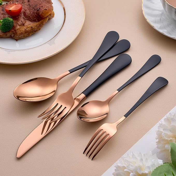 20-Piece Rose Gold and Black Silverware Set for 4 - 18/0 Stainless Steel Flatware Cutlery Utensils, Include Dinner Knives, Forks, Spoons, Salad Forks, Teaspoons, Dishwasher Safe