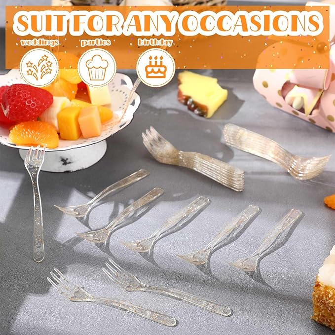 Skylety 500 Pcs Plastic Mini Forks 3.7 x 0.6 Inch Tiny Small Disposable Appetizer Cocktail Tasting Forks Utensils for Fruit Dessert Cakes Serving Supply(Transparent Gold)