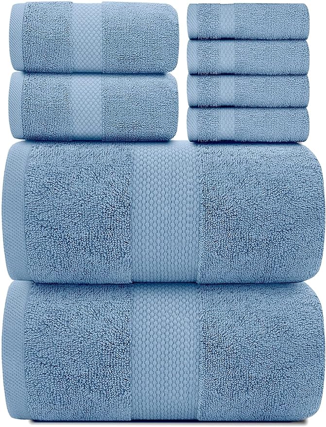 White Classic Luxury Bath Towel Set of 8 Pieces - 100% Turkish Cotton Highly Absorbent Towels for Bathroom, 2 Luxury Bath Towels 700GSM, 2 Hand Towels, 4 Washcloths, Light Blue