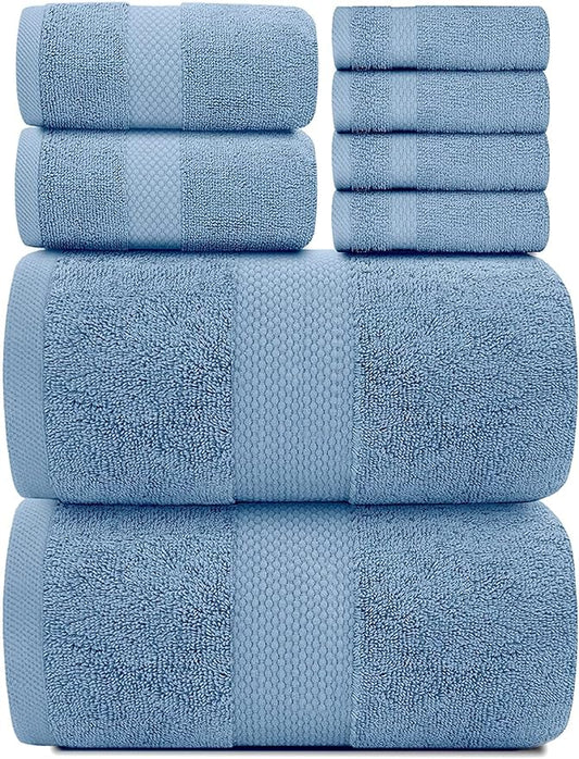 White Classic Luxury Bath Towel Set of 8 Pieces - 100% Turkish Cotton Highly Absorbent Towels for Bathroom, 2 Luxury Bath Towels 700GSM, 2 Hand Towels, 4 Washcloths, Light Blue
