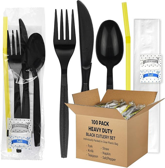 100 pack | Individually wrapped Cutlery set | BlackHeavy Duty Cutlery | Utensil set with Fork, spoon, knife, Napkin, Straw and Salt/Pepper packets (6 in 1) | Plastic Disposable Flatware Cutlery Kits