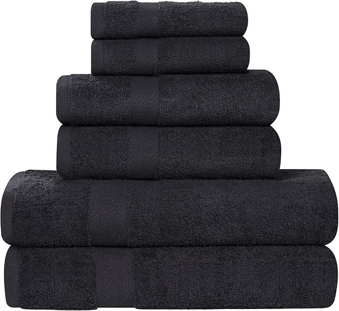 Superior 6-Piece Cotton Assorted Towel Set, Includes 2 Face/Washcloths, 2 Hand, and 2 Bath Towels, Lightweight Essentials, for Home, Gym, Beach, Bathroom, Quick Drying, Franklin Collection, Black