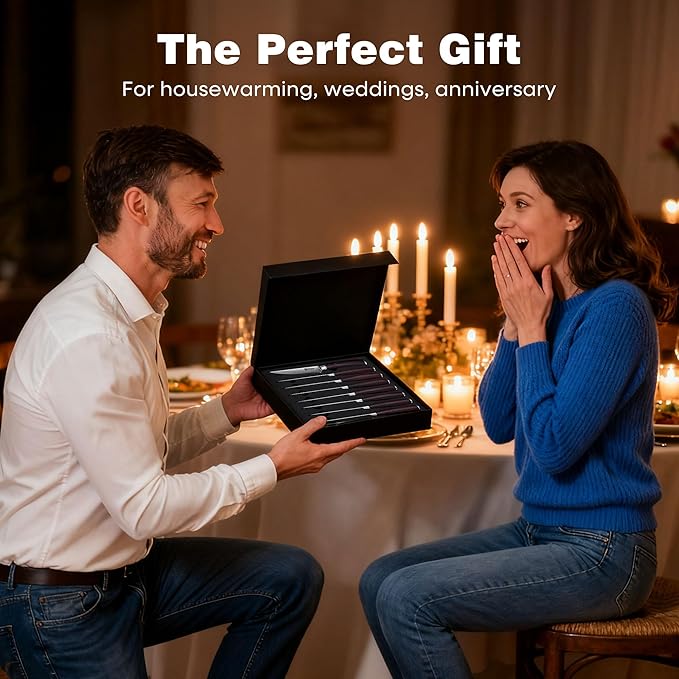 PAUDIN Steak Knives 4.5 Inch, Steak knives Set of 8, High Carbon Stainless Steel Steak Knife Set, Sharp Serrated Steak Knife with Pakkawood Handle, Kitchen Steak Knives with Gift Box