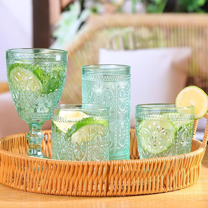 Green Drinking Glasses Set of 4, Vintage Drinking Glasses, Colored Glassware Drinking, Highball Beverage Glasses Cup, Vintage Glassware Set for Water, Juice, Cocktail, Coffee