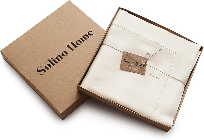 Solino Home Ivory Linen Tablecloth 60 x 90 Inch - 100% Pure Linen Hemstitch Table Cloth for Rectangle Tables - Classic Hemstitch, Machine Washable Tablecloth for Holiday, New Year