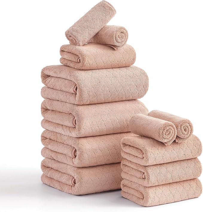 Hailea Luxury Bath Towels Set - 12 Piece (4 Large Bath Towels,4 Hand Towels,4 Washcloths), 100% Microfiber,Extra Absorbent Super Soft & Quick Dry,Complete Family Pack for Bathroom Gym Pool,Orange