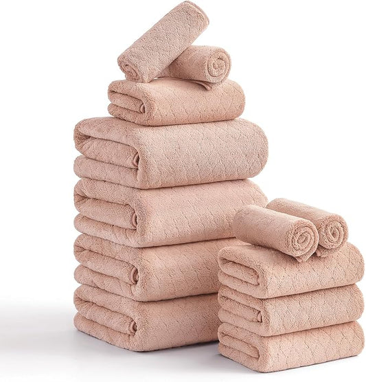 Hailea Luxury Bath Towels Set - 12 Piece (4 Large Bath Towels,4 Hand Towels,4 Washcloths), 100% Microfiber,Extra Absorbent Super Soft & Quick Dry,Complete Family Pack for Bathroom Gym Pool,Orange