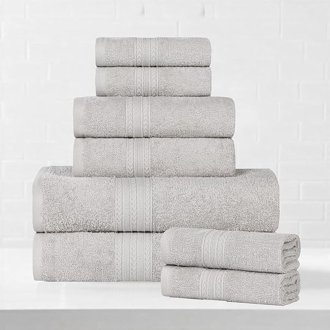 Superior Eco-Friendly Cotton 8-Piece Towel Set, Bathroom, Shower, Quick Dry Home Essentials, Lightweight, Sustainable Towels, 2 Bath, 2 Hand, 4 Face Towels, Washcloth, Highly Absorbent, Silver