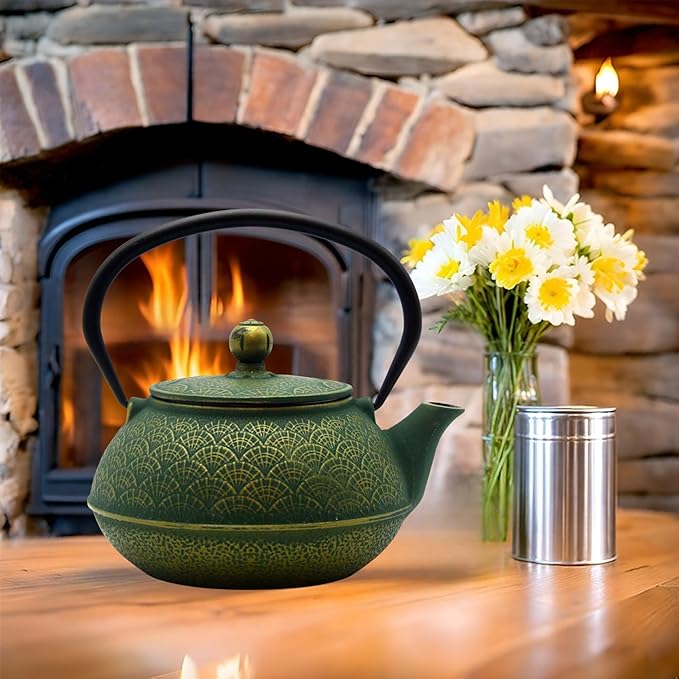 900ml Cast Iron Tea Kettle,SECHUDO Teapot Coated with Enameled Interior for Loose Leaf, Small Cast Iron Teapot with Strainer for Stovetop Safe, Green Iron Kettle(30.4oz)