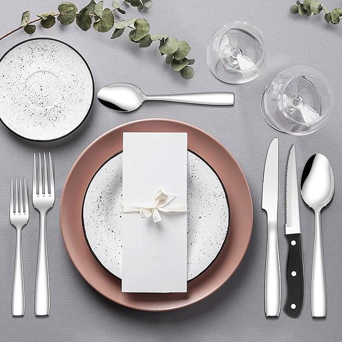 LIANYU 36-Piece 18/10 Silverware Set with Steak Knives and Drawer Organizer, Stainless Steel Flatware Cutlery Set Service for 6, Eating Utensils for Home Kitchen Entertaining, Mirror Polished