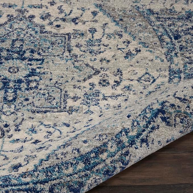 Nourison Home Tranquil Ivory/Light Blue 5'3" x Round Area Rug - Easy Clean, Non Shedding, Bed Room, Living Room, Dining Room, Kitchen (5' x Round)