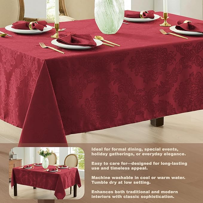 Newbridge Christmas Barcelona Damask Fabric Tablecloth, 52 x 52 Inch Square, Burgundy – No Iron, Soil Resistant Table Cover for Dining, Parties and Holidays
