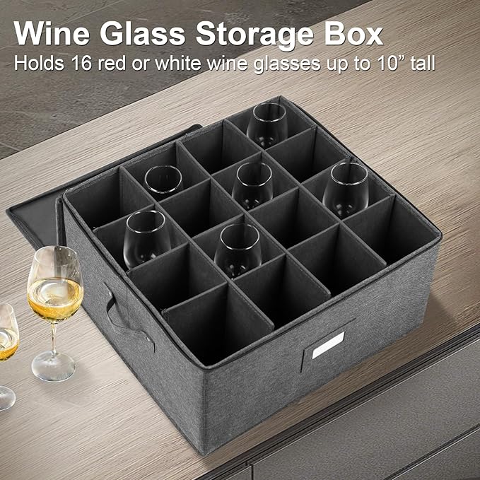 popoly Stemware Storage Cases, Wine Glass Storage Box Containers with Dividers for Glassware or Crystal, Holds 16 Red or White Wine Glasses, Hard Top and Stackable (Grey)