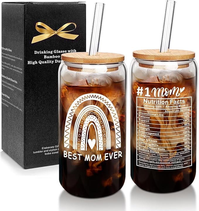 Mason Life Gift for Mom, Birthday Gifts for Mom, Mum Gifts for Women, Cute Glass Cups with Lids and Straw, Birthday Anniversary Present for Mommy from Daughter Son