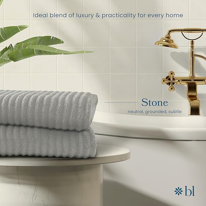 Blue Loom Ribbed Bath Towels Set, 100% Cotton 600 GSM, Soft Absorbent Durable Quick Drying 2 Bath Towels for Bathroom - Mason Set of 2 Stone Grey (58" x 30" Inch)