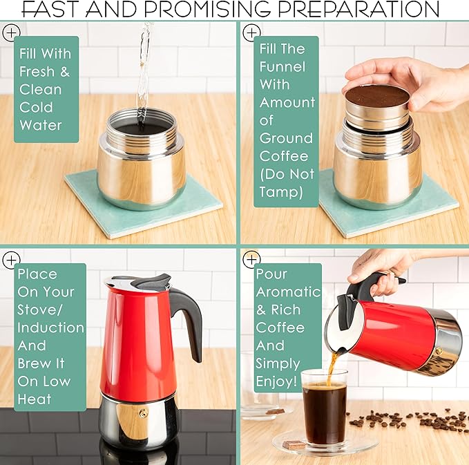 Mixpresso Red 9 Cup Greca Stovetop Espresso Pot 450ml/15oz, Moka Pot with Coffee Percolator Design, Stainless Steel Stove Top Coffee Maker for Camping or Home Use,Italian Stovetop Espresso Maker