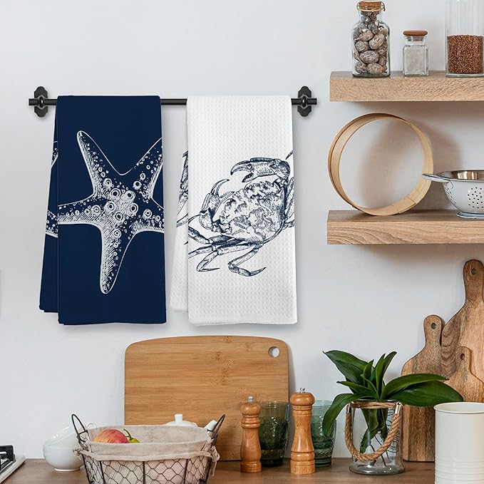 Coastal Blue Crab Starfish Bathroom Hand Towels Sets of 2, Nautical Beachy Ocean Theme Bathroom Decor Accessories, Coastal Beach Navy Blue Decor Kitchen Dish Tea Towels for Kitchen, 16x24Inch