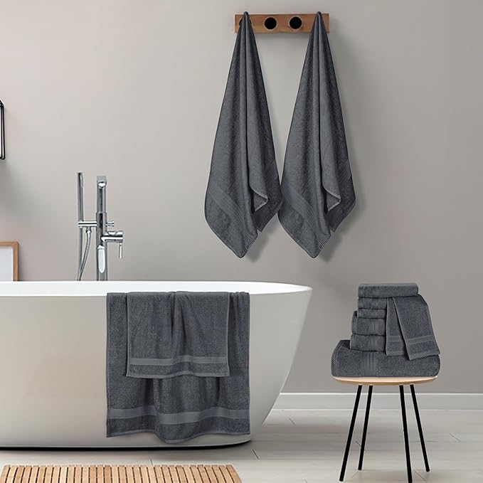GLAMBURG Ultra Soft 24-Piece Towel Set - 100% Pure Ringspun Cotton, Contains 8 Oversized Bath Towels 27x54, 8 Hand Towels 16x28, 8 Wash Cloths 13x13- Ideal for Everyday use, Hotel & Spa- Charcoal Grey