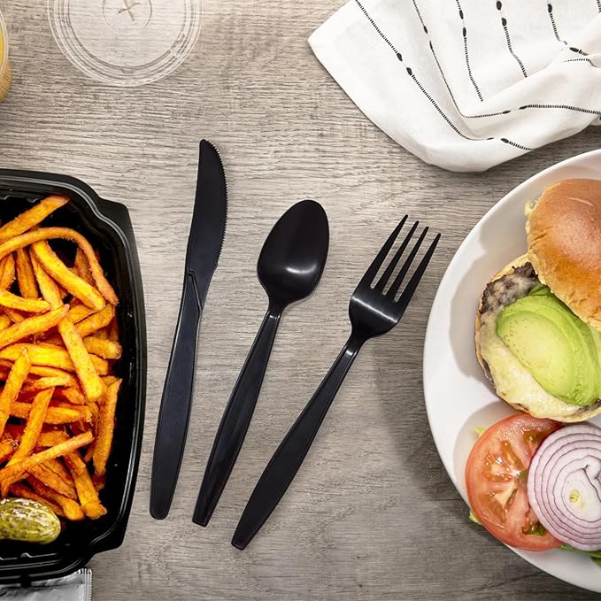 Compostable Utensils, Black Plastic Silverware, Compostable Cutlery 120 Forks 120 Spoons 60 Knives, No Plastic Disposable Silverware, Eco Friendly Disposable Cutlery for Party Office Wedding
