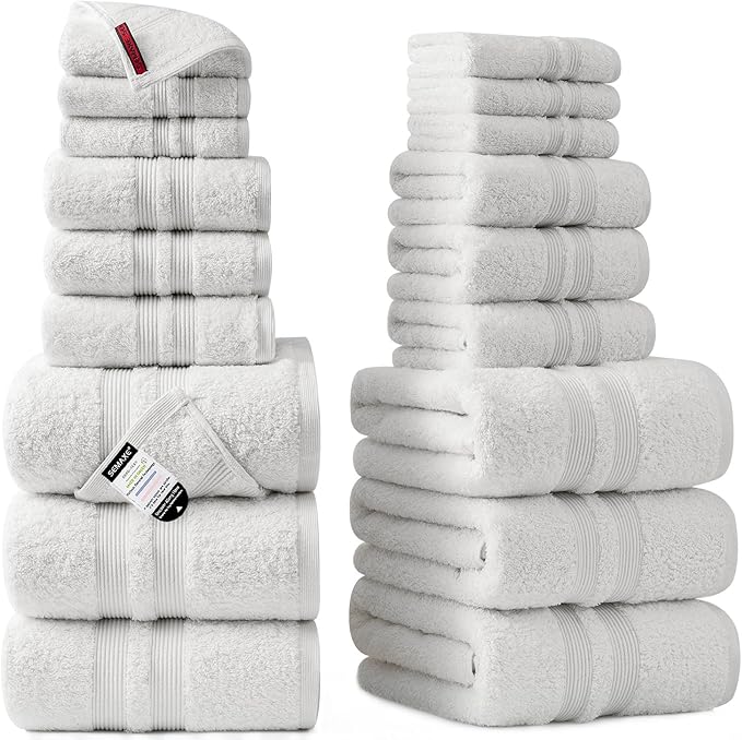 SEMAXE Solid 18-Piece Towel Set, White, 600GSM 100% Cotton, 6 Each of Bath Towel, Hand Towel, and Washcloths, Gift Box Packaging, Hanging Loop Design