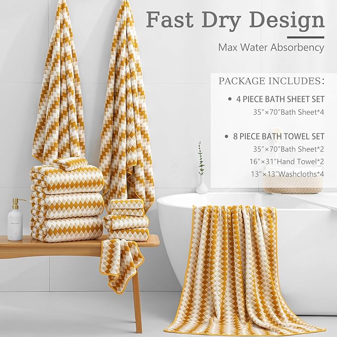4 Piece Bath Towel Set Oversized Bath Sheet 35"x70" Bathroom Towel Extra Large Bath Towel Set Soft Highly Absorbent Quick Dry Premium Bath Towel for Bathroom Shower Spa Gym Hotel,Golden Brown