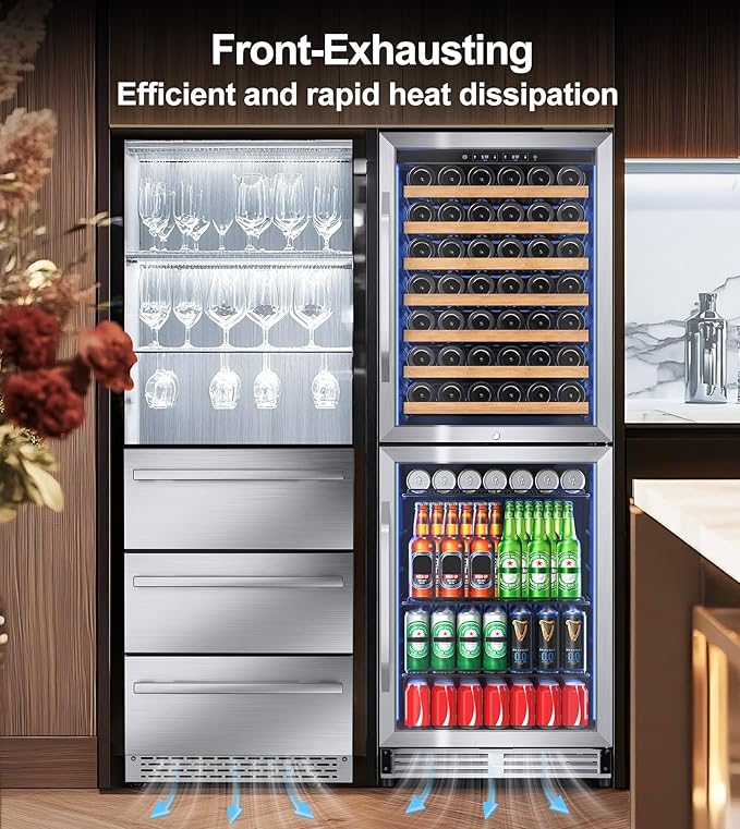 Wine Beverage Refrigerator with Double-Layer Temperature Zone, 24'' Large Capacity Built-in & Freestanding Wine Cooler Fridge for 154 Bottles, Wine and Beverage Fridge Combo for Home Kitchen Outdoor