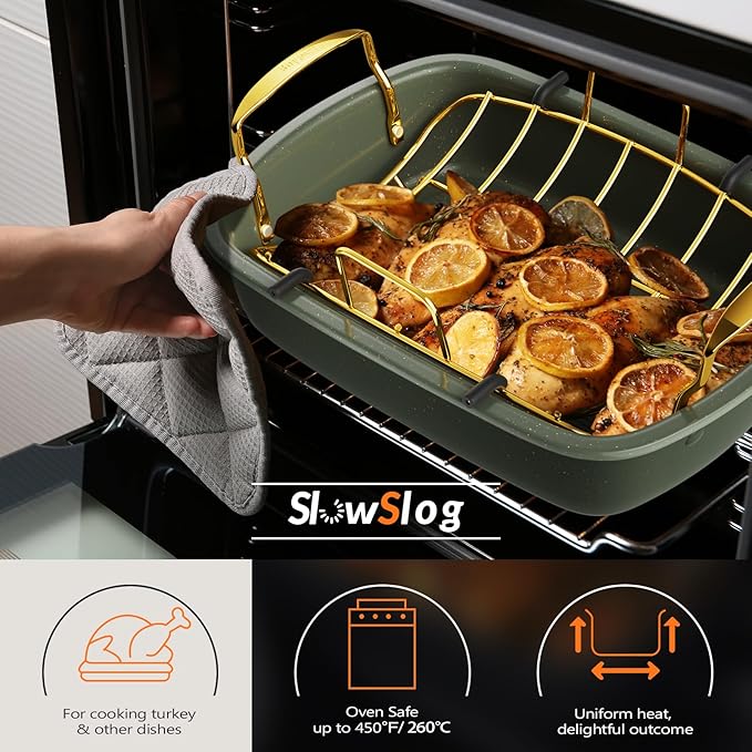 Nonstick Roasting Pan, 17 Inch x 13 Inch Large Roaster Pan with Removable Rack, Roaster for Roasting Turkey, Meat & Vegetables (Green）