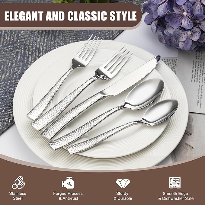 40 Piece Hammered Silverware Set, Stainless Steel Flatware Set for 8, Food Grade Cutlery Set for Home, Party, Wedding, Mirror Polished Dishwasher Safe