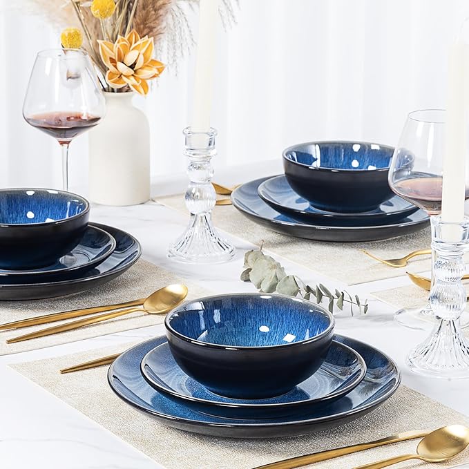Plates and Bowls Sets for 6 - CJDC-QUELO 18-Piece Stoneware Dinnerware Sets, Ceramic Dishware Set for Indoor Kitchen Use and Formal Dining, Chip and Scratch Resistant Microwave Dishwasher Safe, Blue