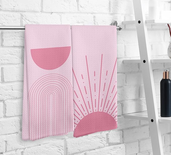 Pink Preppy Sun Moon Rainbow Kitchen Towels and Dishcloths Sets of 2, Bohemian Sunrise Hand Towels, Abstract Arch Line Drying Cloth Hand Towels for Girls Bathroom Kitchen Decor, 16×24 Inches