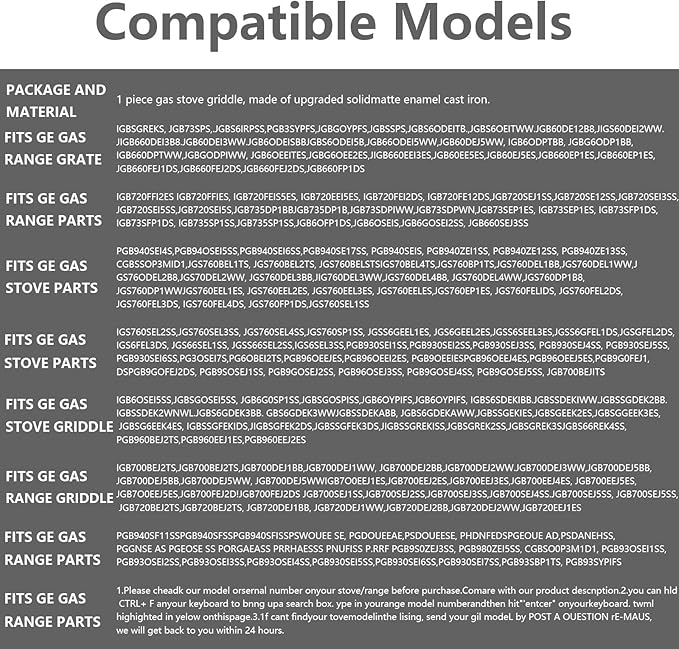 WB31X24738 Heavy-duty Cast Iron Griddle Replacement for GE Stove WB31X24998 Center Griddle Plate General Electric Gas Range Stove Top Grid JGB700SEJ4SS JGSS66SEL3SS Flat Top Pan