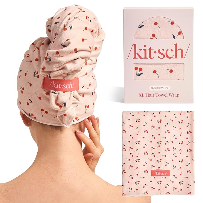Kitsch XL Microfiber Hair Towel Wrap for Women – Ultra Absorbent Microfiber Towel for Wet, Curly, Long or Short Hair – Quick Dry, Anti-Frizz Hair Wrap – Cherry Print, 40x24 inches