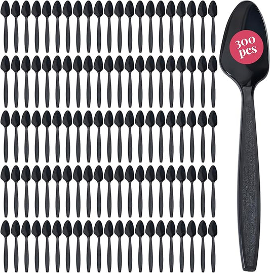 Prestee 300 Black Plastic Spoons Bulk - Durable Disposable Plastic Silverware Spoons - Heat-Resistant Spoon Cutlery - Heavy Duty Flatware Pack - Disposable Silverware Utensil Set for Hot and Cold Food