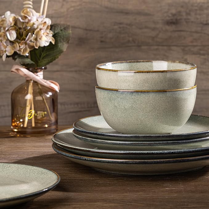 AmorArc Ceramic Dinnerware Sets for 6, 18 Pieces Handpainted Plates and Bowls Set, Scratch Resistant Stoneware Dishes Set, Dishwasher & Microwave Safe, Reactive Glaze