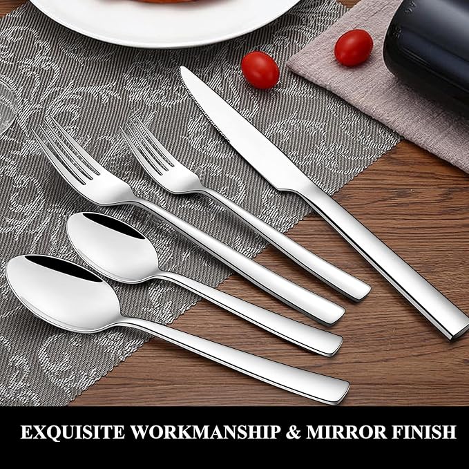 Wildone 40-Piece Silverware Set, Stainless Steel Flatware Square Cutlery Set Service for 8, Eating Utensils Include Knife Fork Spoon, Mirror Polished & Dishwasher Safe