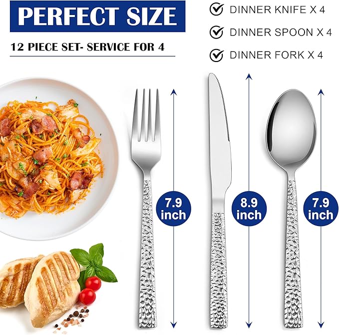 E-far 12-Piece Hammered Forks Spoons and Knives Set, Silverware Set for 4, Stainless Steel Square Flatware Set for Home Kitchen Restaurant, Mirror Polished & Dishwasher Safe