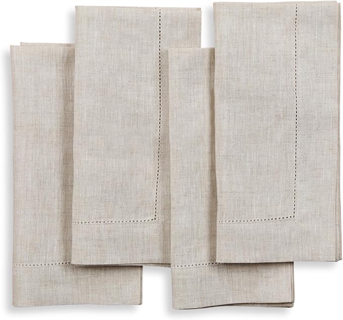 Solino Home Light Natural Linen Napkins Set of 4-100% Pure Linen Hemstitch Dinner Napkins 20 x 20 Inch for Holiday, New Year - Classic Hemstitch