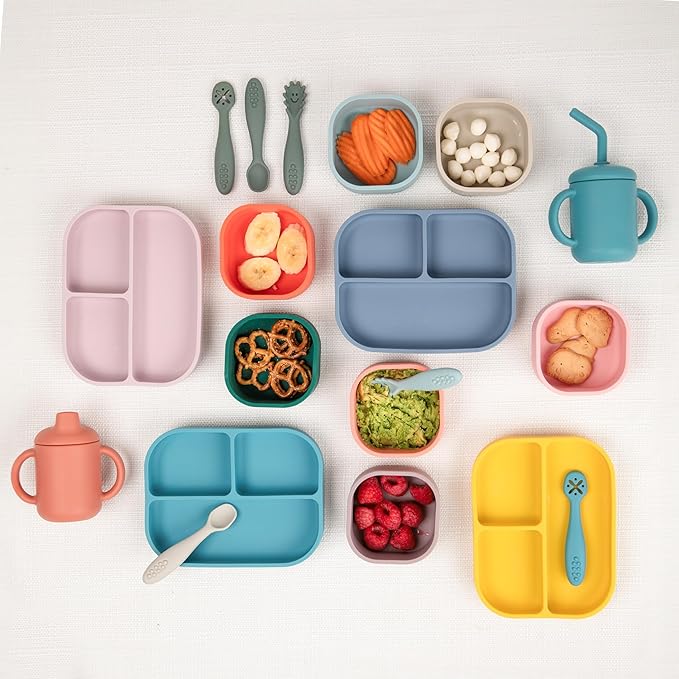 Bella Tunno Little Bites Bundle Baby Feeding Set with 1 Bowl, 1 Plate, 3 Utensils, 1 Cup, 2 Lids; Baby Led Weaning Supplies; 100% Food-Grade Silicone (Magic Meadow)