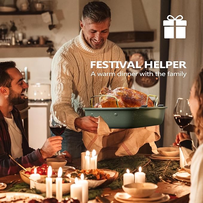 Nonstick Roasting Pan, 17 Inch x 13 Inch Large Roaster Pan with Removable Rack, Roaster for Roasting Turkey, Meat & Vegetables (Green）