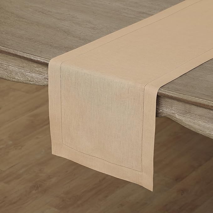 Solino Home Linen Beige Table Runner 90 Inches Long - 100% Pure Linen 14 x 90 Inch Table Runner for New Year - Classic Hemstitch