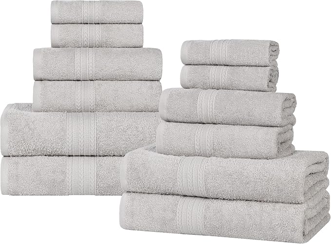 Superior Eco-Friendly Cotton 12-Piece Towel Set for Home, Dorm, Apartment Essentials, Absorbent, Fast Drying, Soft, Includes 4 Bath, 4 Hand, 4 Washcloths/Face Towels, Bathroom Basics, Silver