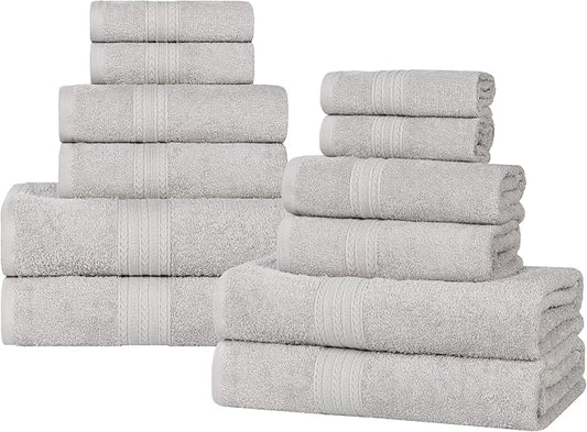 Superior Eco-Friendly Cotton 12-Piece Towel Set for Home, Dorm, Apartment Essentials, Absorbent, Fast Drying, Soft, Includes 4 Bath, 4 Hand, 4 Washcloths/Face Towels, Bathroom Basics, Silver