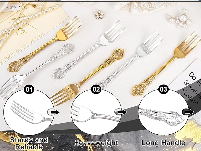 75PCS Silver Plastic Forks - 8.1inch Silver Forks Disposable - Vintage Heavy Duty Dessert Forks - Premium Fancy Plastic Silverware for Parties, Weddings, Dinners and Events
