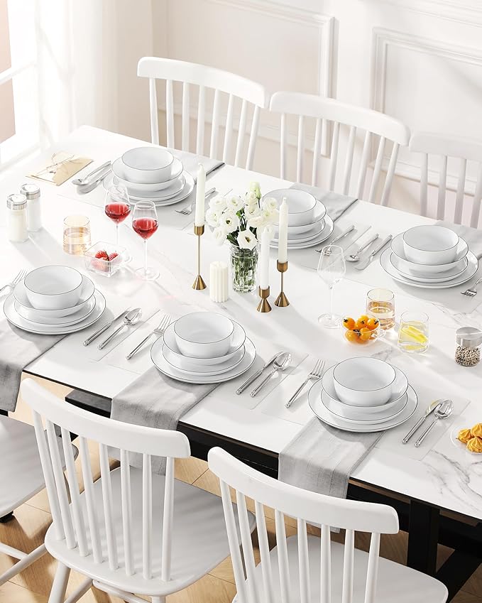 MALACASA 24 Pieces Gourmet Porcelain Dinnerware Sets, Premium Plates and Bowls Set, High-Fired Dishes Set for 6, Chip & Scratch Resistant, Microwave Dishwasher Safe, White & Black Rim, Series LEXI