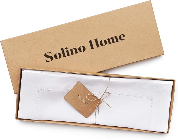 Solino Home Linen Cloth Placemats Set of 6-100% Pure Linen Hemstitch White Placemats 14 x 19 Inch - Classic Hemstitch Table Place Mats for Winter, Valentines, Holiday, New Year